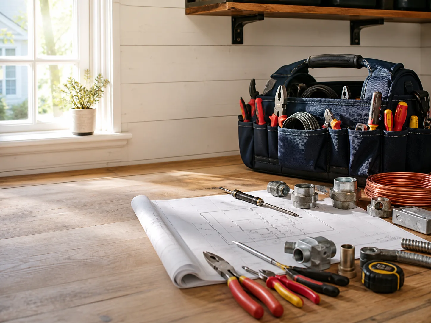 Organized electrician tools and electrical plans on a workbench