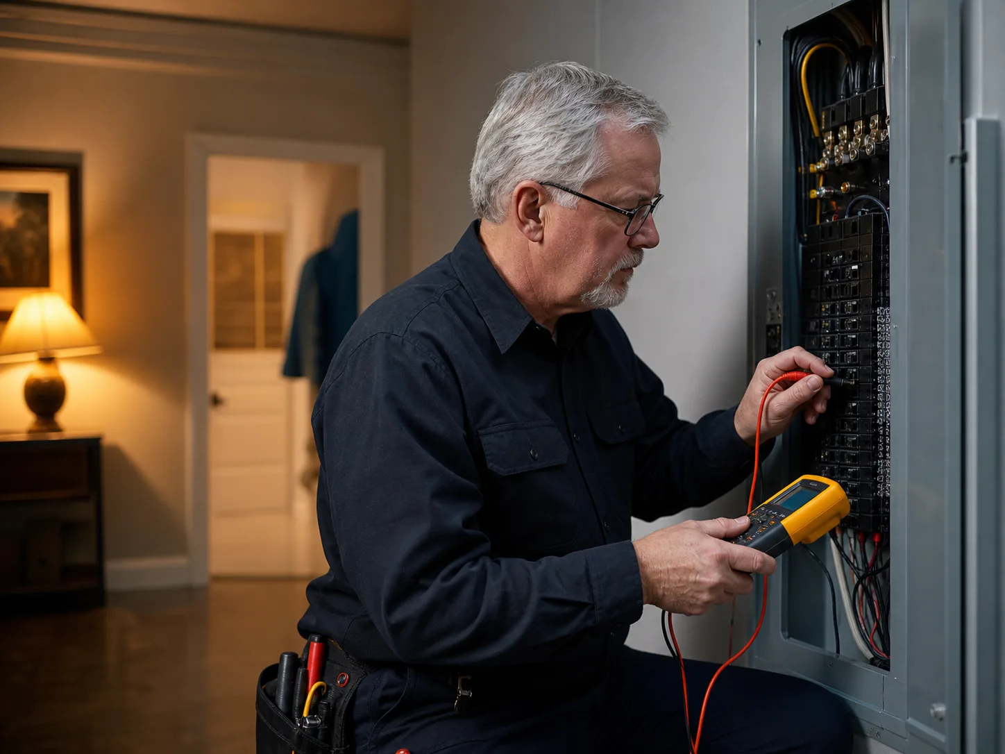 Experienced electrician diagnosing a residential panel with a multimeter