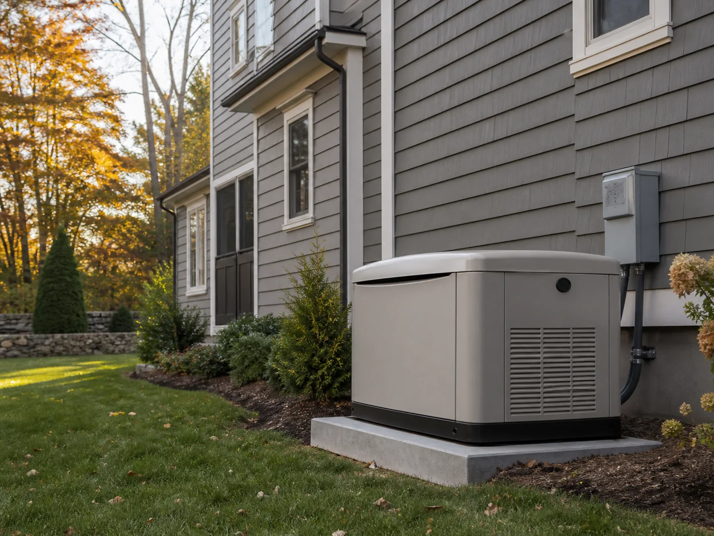 Residential standby generator on a concrete pad